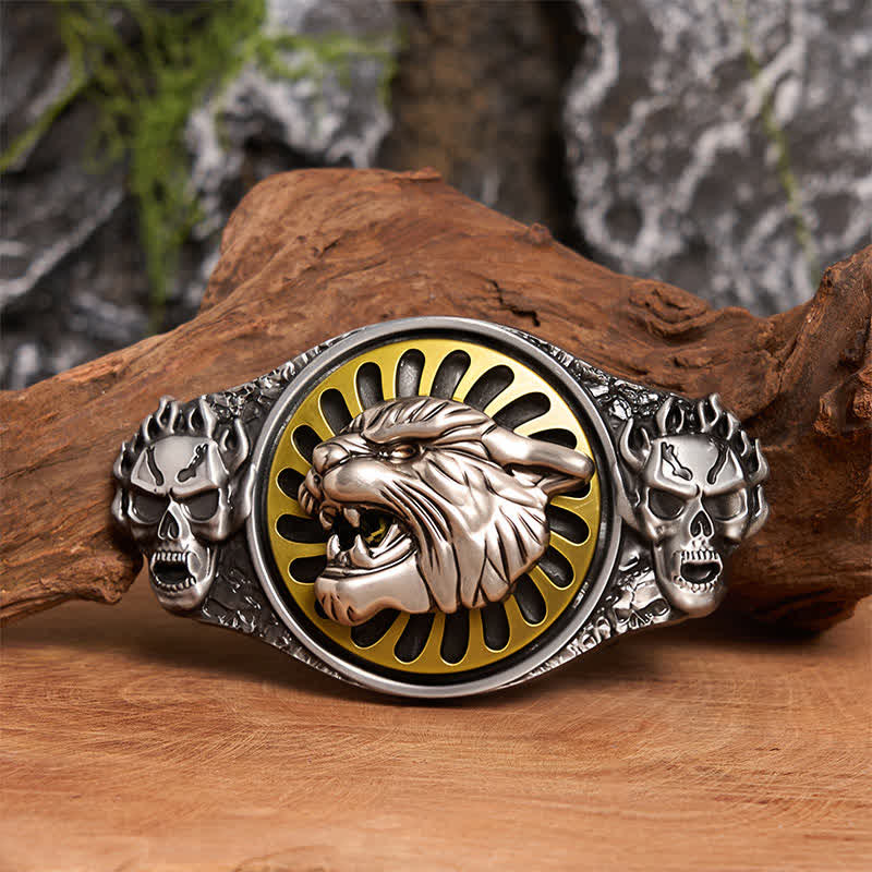 Silberner Totenkopf, brüllender Tigerkopf, DIY-Ledergürtel mit drehbarer Schnalle - Tigerkopf - Ohne Gürtel - Nicht im Lieferumfang enthaltener Gürtel - image 1