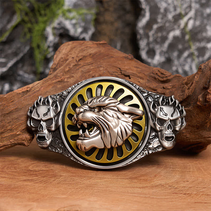 Silberner Totenkopf, brüllender Tigerkopf, DIY-Ledergürtel mit drehbarer Schnalle - Tigerkopf - Ohne Gürtel - Nicht im Lieferumfang enthaltener Gürtel - image 1