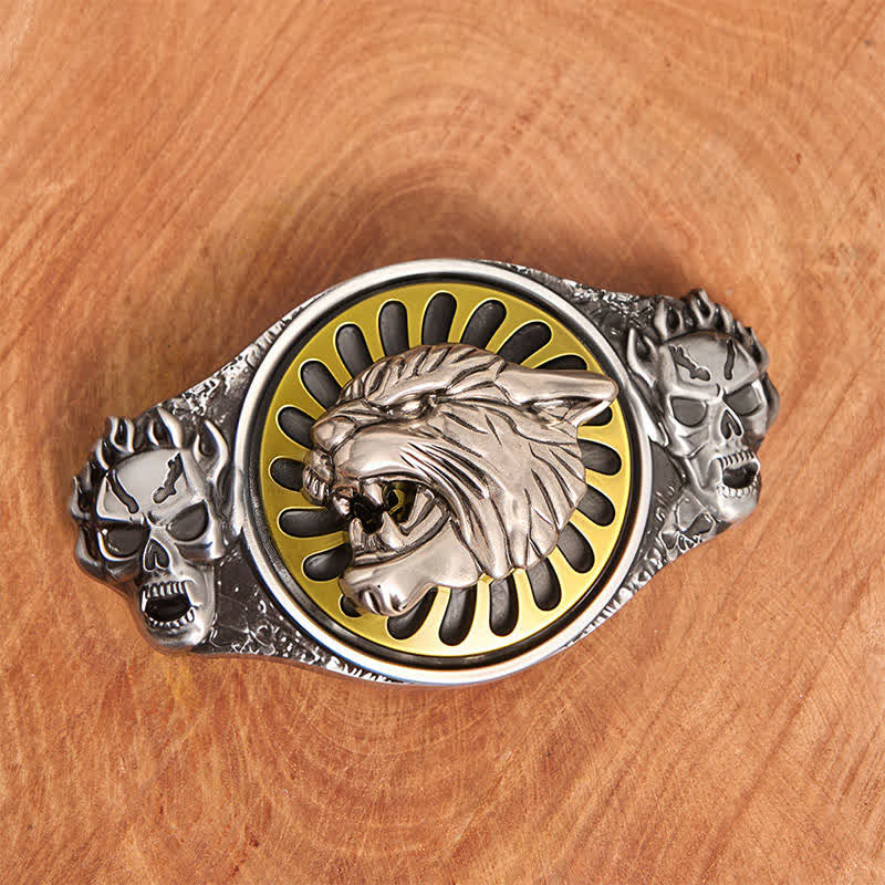 Silberner Totenkopf, brüllender Tigerkopf, DIY-Ledergürtel mit drehbarer Schnalle - image 2