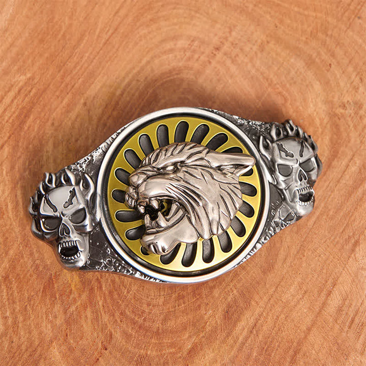 Silberner Totenkopf, brüllender Tigerkopf, DIY-Ledergürtel mit drehbarer Schnalle - image 2