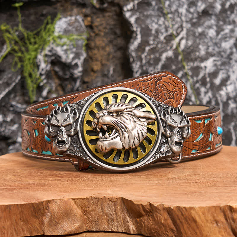 Silberner Totenkopf, brüllender Tigerkopf, DIY-Ledergürtel mit drehbarer Schnalle - Tigerkopf - Türkisfarbener geschnitzter Gürtel - 42 - image 4