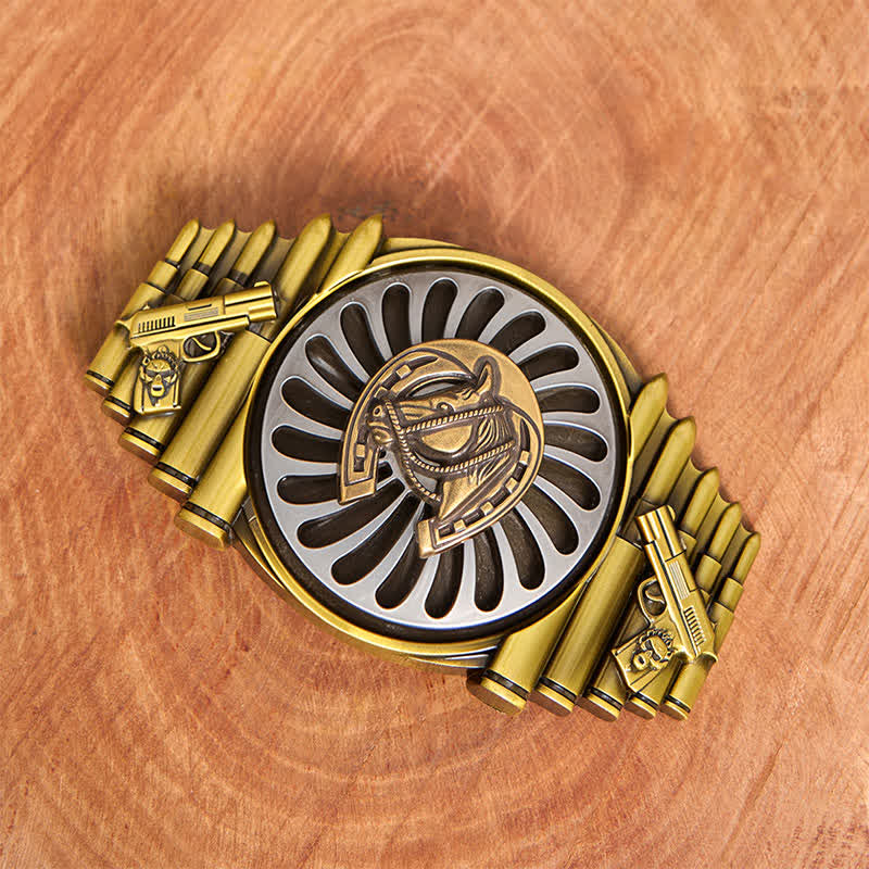 Rotierende bronzene Hufeisenschnalle für den Ledergürtel mit Pistolen- und Kugelmuster - image 2