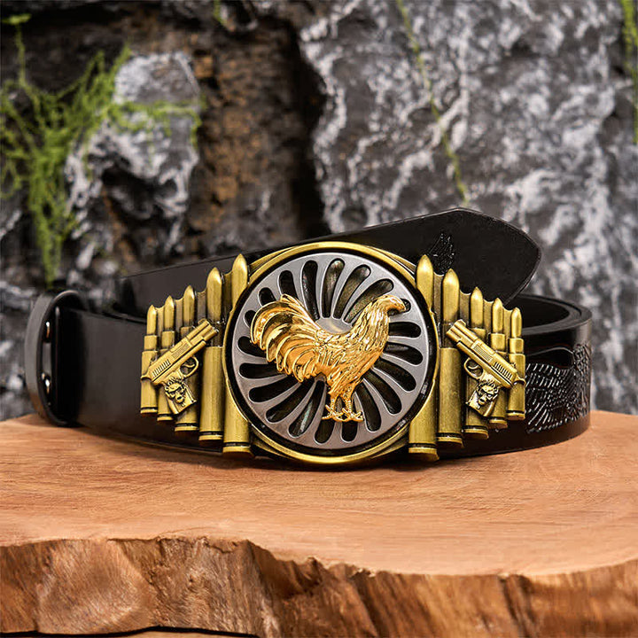 Bronzener Hahn DIY Gun & Bullet Muster Drehschnalle Ledergürtel - Hahn - Schwarzer Gürtel mit geprägtem Adler - 42 - image 3