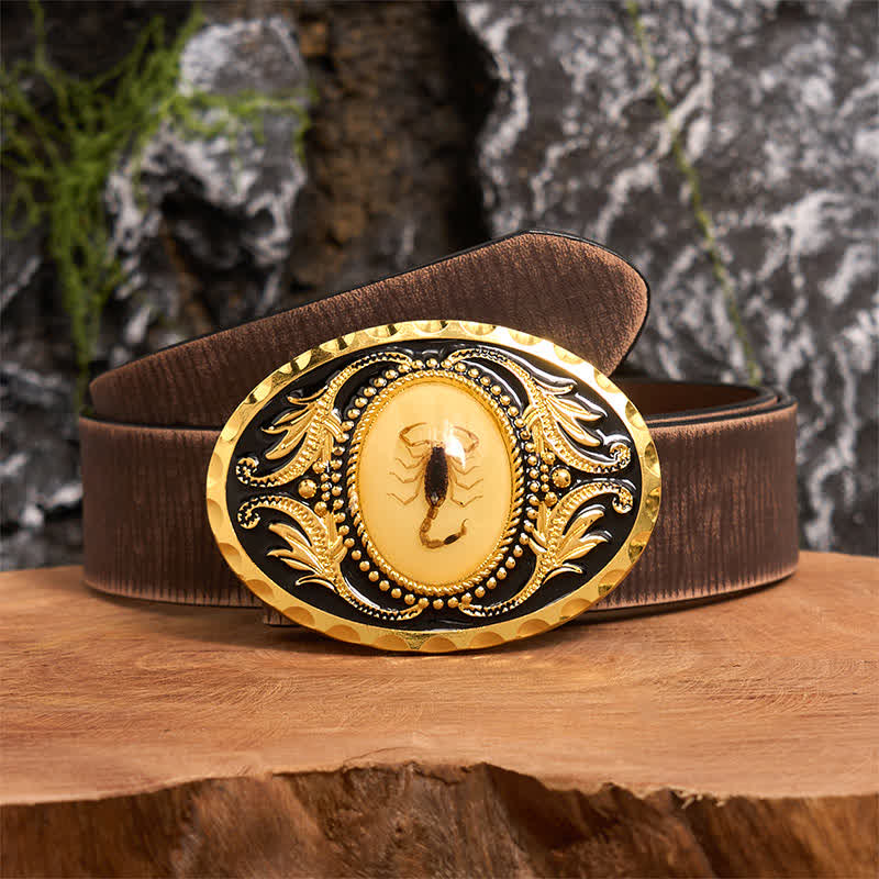 Goldfarbener DIY-Ledergürtel mit dekorativer Skorpionschnalle - Skorpion - Brauner Distressed-Gürtel - 42 - image 6