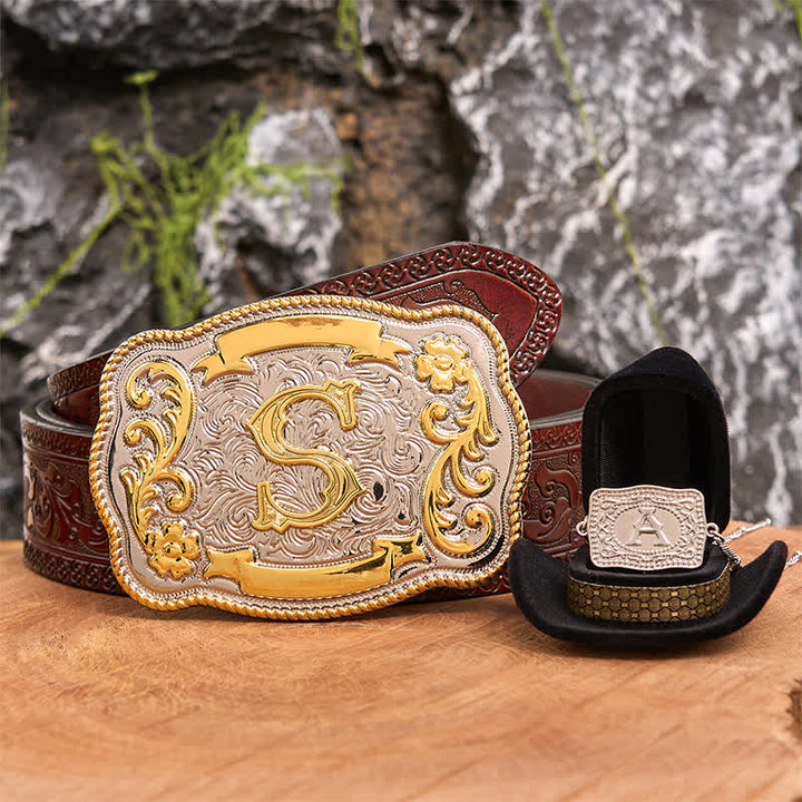 Anfangsbuchstabe DIY Western Gürtelschnalle Silber Halskette Bundle Set - Bündeln - Brauner geschnitzter Gürtel - 42 - image 7