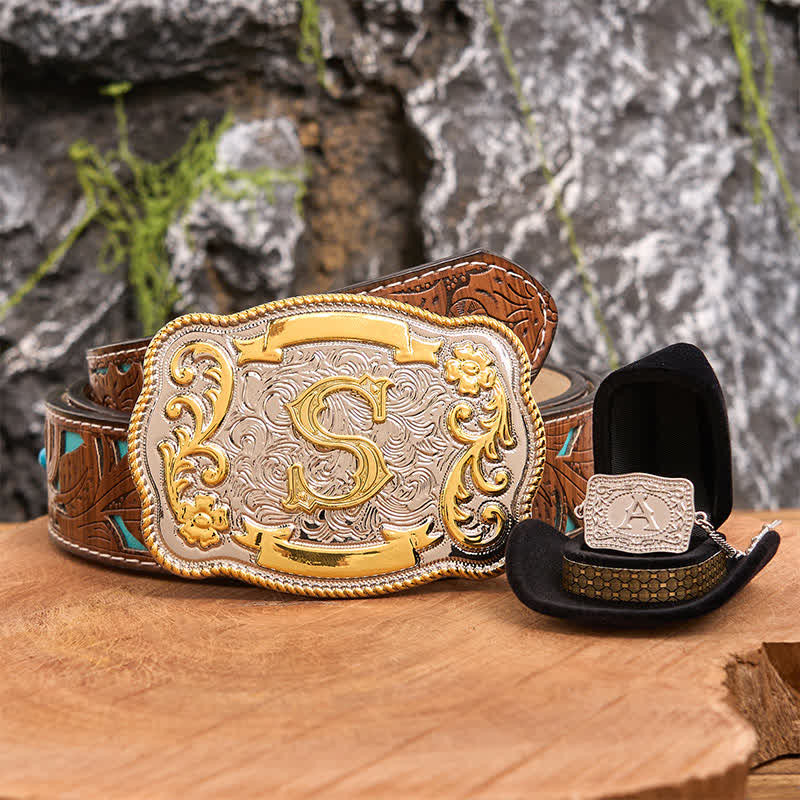 Anfangsbuchstabe DIY Western Gürtelschnalle Silber Halskette Bundle Set - Bündeln - Türkisfarbener geschnitzter Gürtel - 42 - image 1
