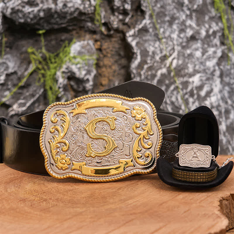 Anfangsbuchstabe DIY Western Gürtelschnalle Silber Halskette Bundle Set - Bündeln - Schwarzer Gürtel mit geprägtem Adler - 42 - image 4
