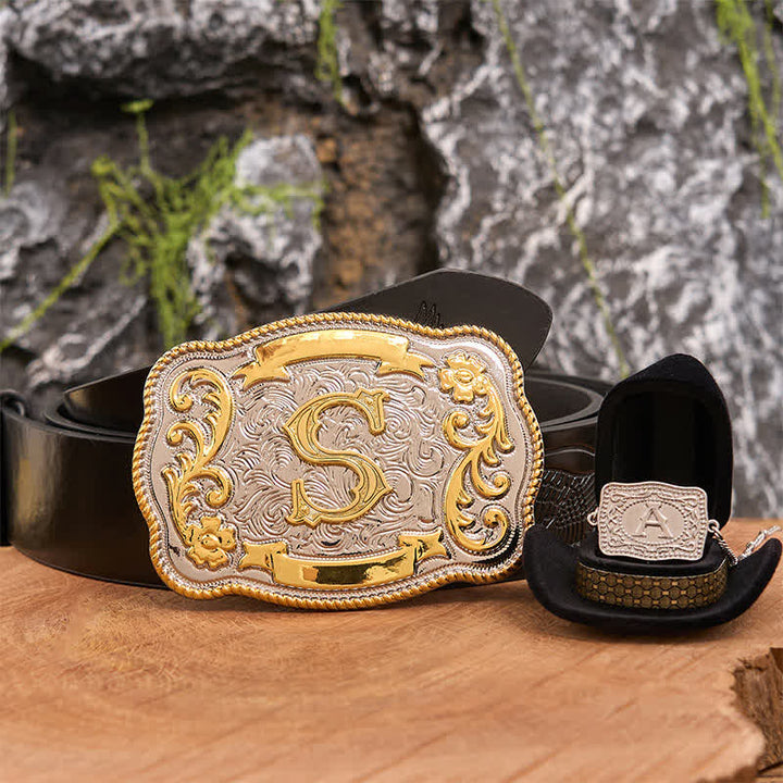 Anfangsbuchstabe DIY Western Gürtelschnalle Silber Halskette Bundle Set - Bündeln - Schwarzer Gürtel mit geprägtem Adler - 42 - image 4