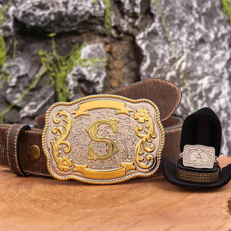 Anfangsbuchstabe DIY Western Gürtelschnalle Silber Halskette Bundle Set - Bündeln - Brauner Distressed-Gürtel - 42 - image 6