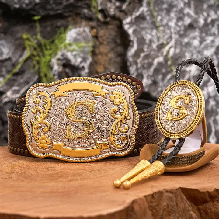 Anfangsbuchstabe DIY Große Gürtelschnalle Gold Bolo Tie Bundle Set - Bündeln - Brauner Nietengürtel - 42 - image 5