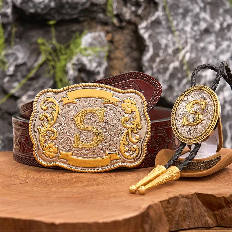 Anfangsbuchstabe DIY Große Gürtelschnalle Gold Bolo Tie Bundle Set - Bündeln - Brauner geschnitzter Gürtel - 42 - image 7
