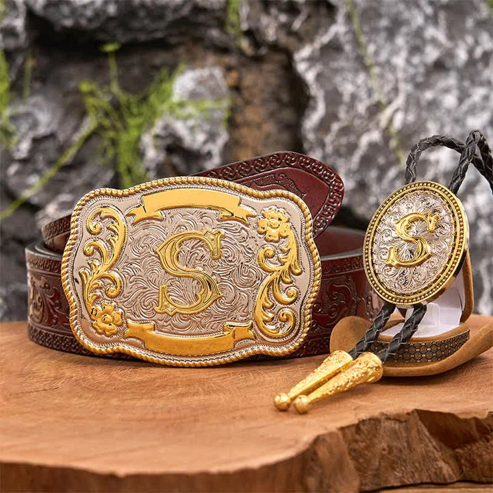 Anfangsbuchstabe DIY Große Gürtelschnalle Gold Bolo Tie Bundle Set - Bündeln - Brauner geschnitzter Gürtel - 42 - image 7