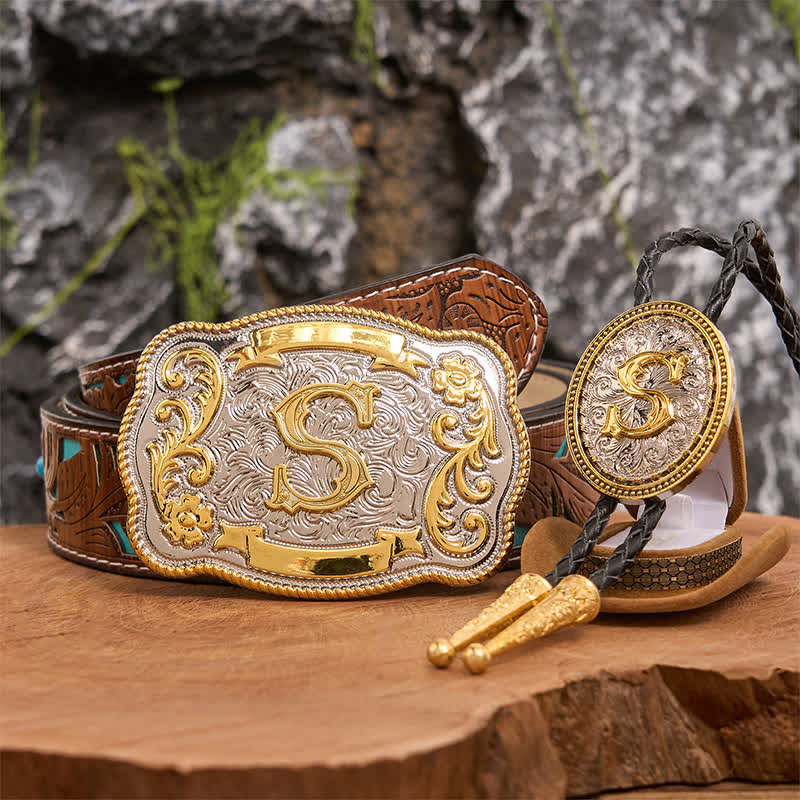 Anfangsbuchstabe DIY Große Gürtelschnalle Gold Bolo Tie Bundle Set - Bündeln - Türkisfarbener geschnitzter Gürtel - 42 - image 1