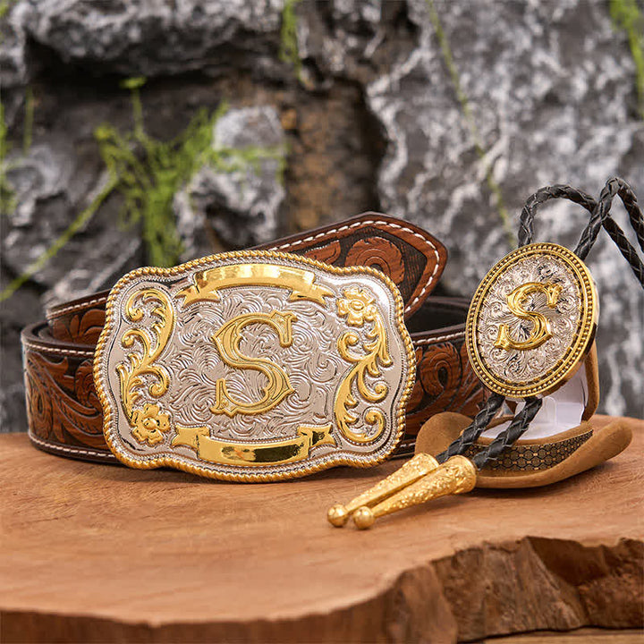 Anfangsbuchstabe DIY Große Gürtelschnalle Gold Bolo Tie Bundle Set - Bündeln - Brauner Federgürtel - 40 - image 8