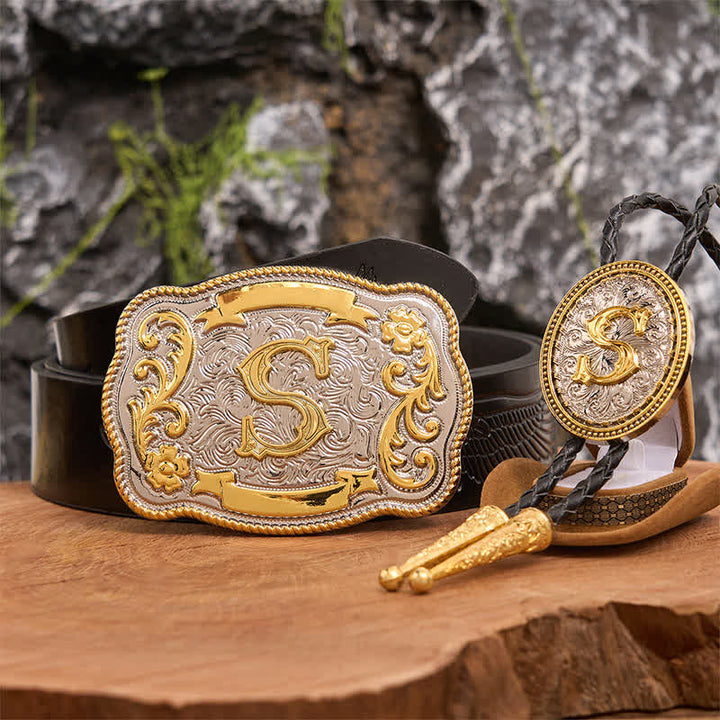 Anfangsbuchstabe DIY Große Gürtelschnalle Gold Bolo Tie Bundle Set - Bündeln - Schwarzer Gürtel mit geprägtem Adler - 42 - image 4