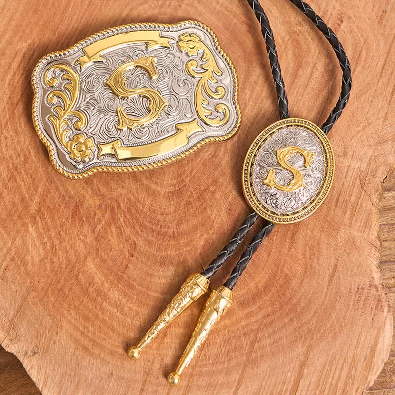 Anfangsbuchstabe DIY Große Gürtelschnalle Gold Bolo Tie Bundle Set - Bündeln - Ohne Gürtel - Gürtel nicht enthalten - image 2
