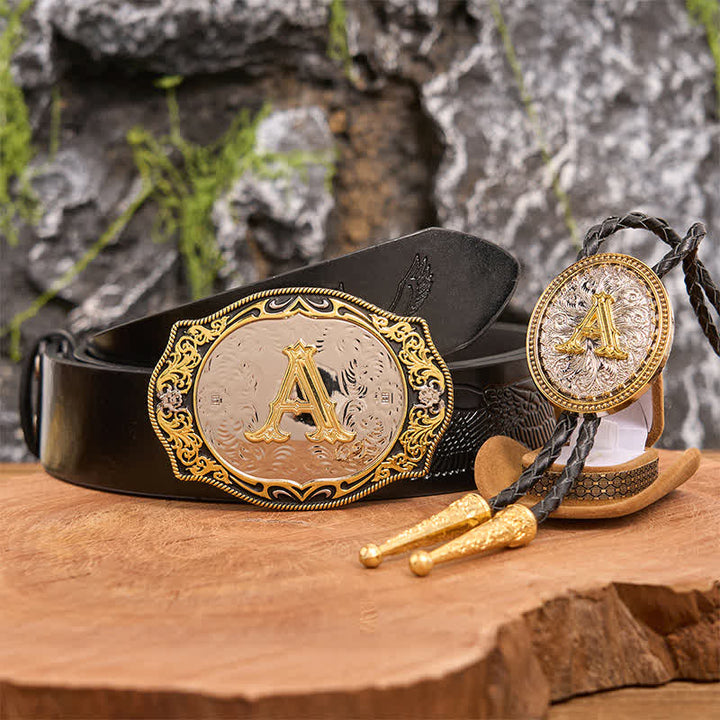Goldener schwarzer Anfangsbuchstabe DIY Gürtelschnalle Gold Bolo Tie Bundle Set - Bündeln - Schwarzer Gürtel mit geprägtem Adler - 42 - image 4