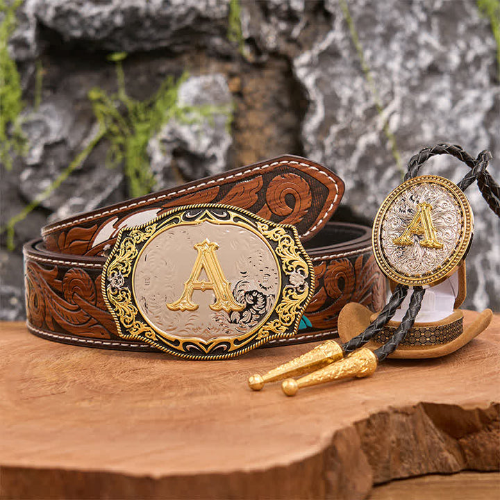 Goldener schwarzer Anfangsbuchstabe DIY Gürtelschnalle Gold Bolo Tie Bundle Set - Bündeln - Brauner Federgürtel - 40 - image 8