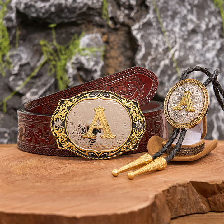 Goldener schwarzer Anfangsbuchstabe DIY Gürtelschnalle Gold Bolo Tie Bundle Set - Bündeln - Brauner geschnitzter Gürtel - 42 - image 7