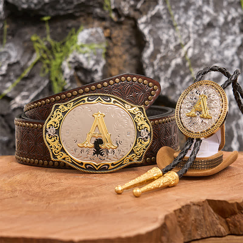 Goldener schwarzer Anfangsbuchstabe DIY Gürtelschnalle Gold Bolo Tie Bundle Set - Bündeln - Brauner Nietengürtel - 42 - image 5