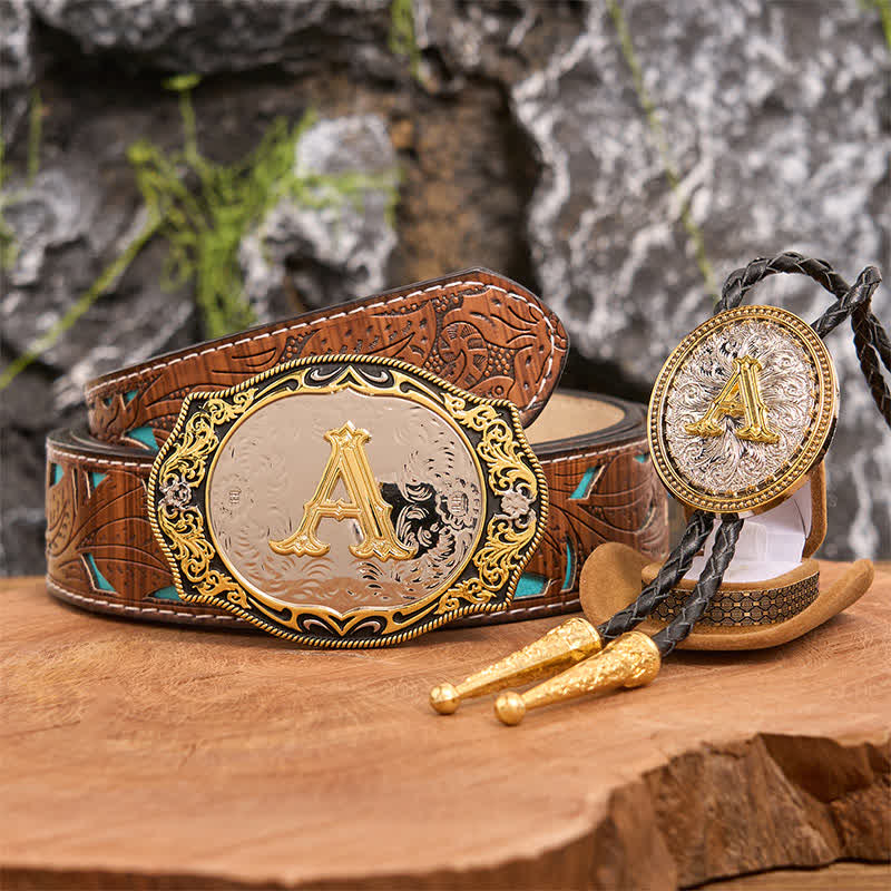 Goldener schwarzer Anfangsbuchstabe DIY Gürtelschnalle Gold Bolo Tie Bundle Set - Bündeln - Türkisfarbener geschnitzter Gürtel - 42 - image 1
