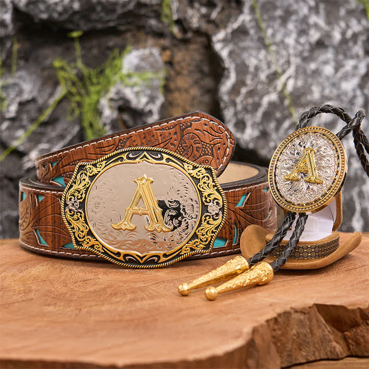 Goldener schwarzer Anfangsbuchstabe DIY Gürtelschnalle Gold Bolo Tie Bundle Set - Bündeln - Türkisfarbener geschnitzter Gürtel - 42 - image 1