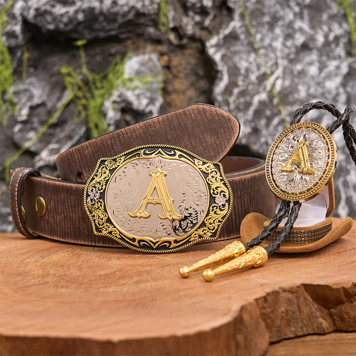 Goldener schwarzer Anfangsbuchstabe DIY Gürtelschnalle Gold Bolo Tie Bundle Set - Bündeln - Brauner Distressed-Gürtel - 42 - image 6