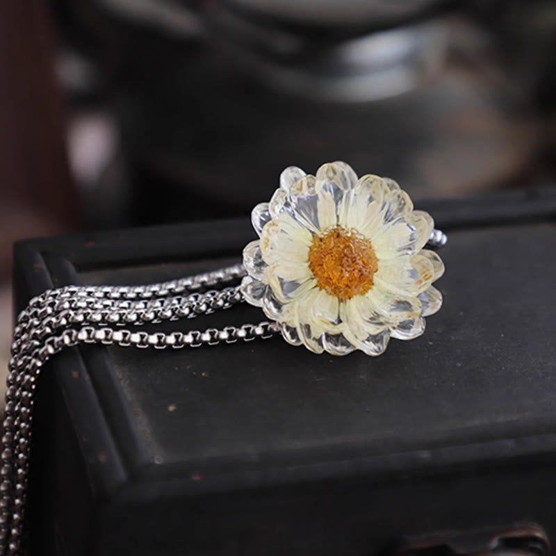 Handgemachte Bolo-Krawatte mit getrockneten Blumen und Gänseblümchen für Damen - Ein bisschen Gelb - Stahlkette - image 5