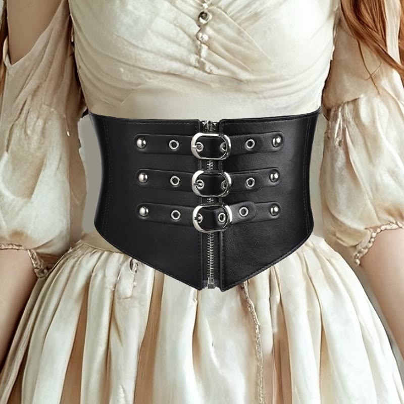 Schwarzer elastischer Korsettgürtel mit Nadelschnalle und Reißverschluss für Damen - image 0