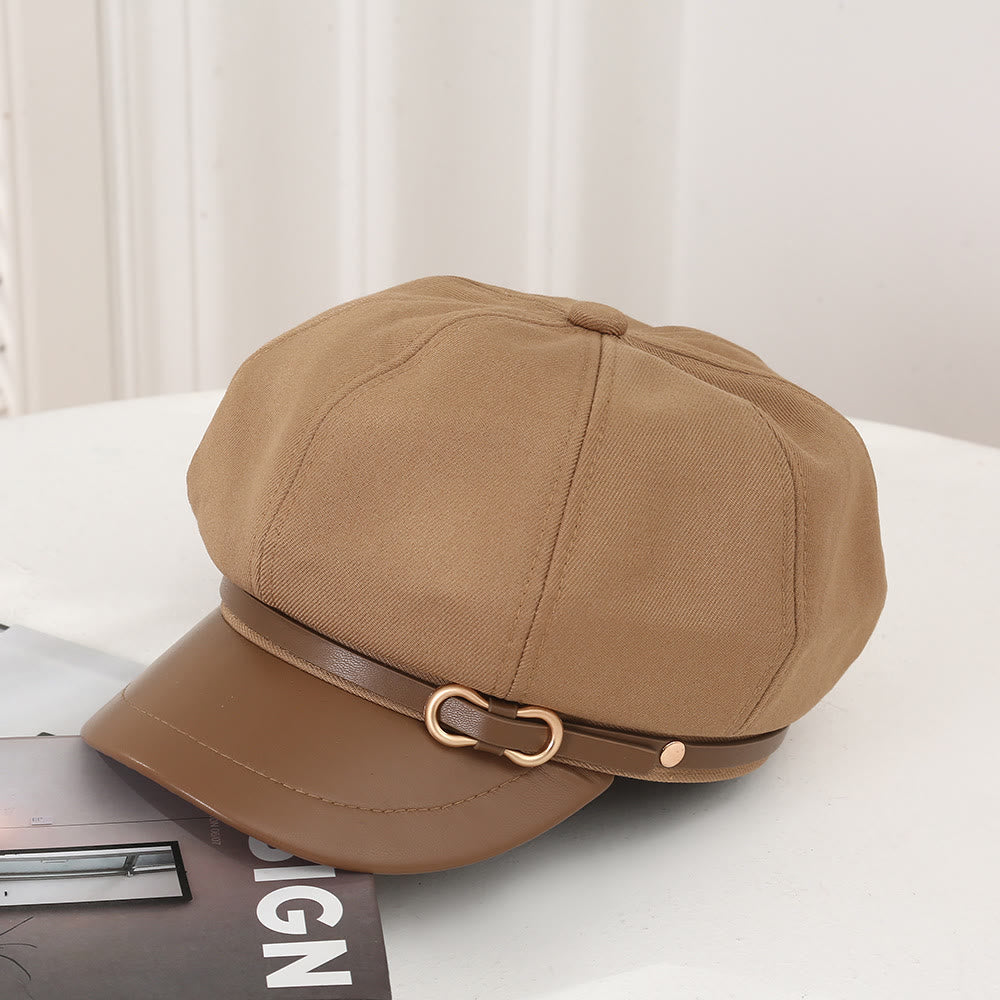 Damen-Barett im britischen Stil mit Lederkrempe und Schnalle - Khaki - Einstellbar (21 5/8"-22 7/8") - image 0