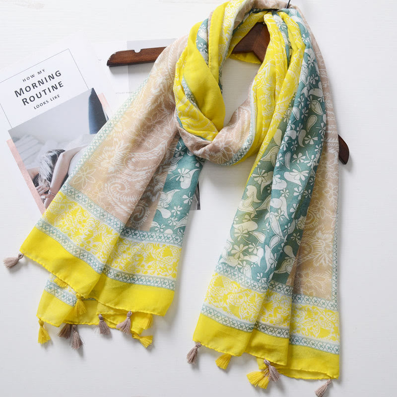 Schal im Böhmischen Stil mit Cashew-Print und Farbblockierung - Gelb und Khaki - image 5