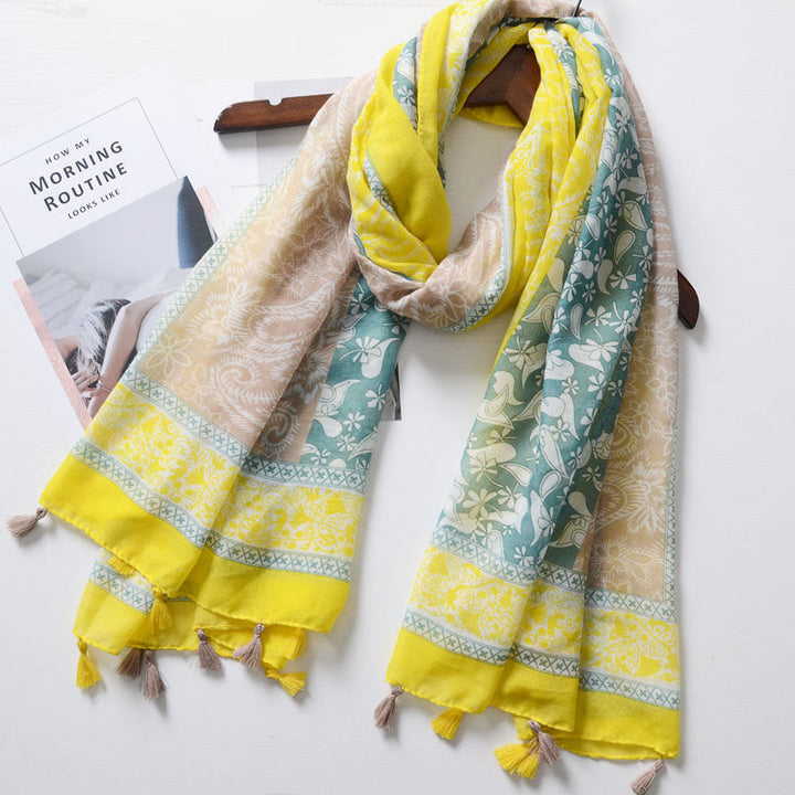 Schal im Böhmischen Stil mit Cashew-Print und Farbblockierung - Gelb und Khaki - image 5