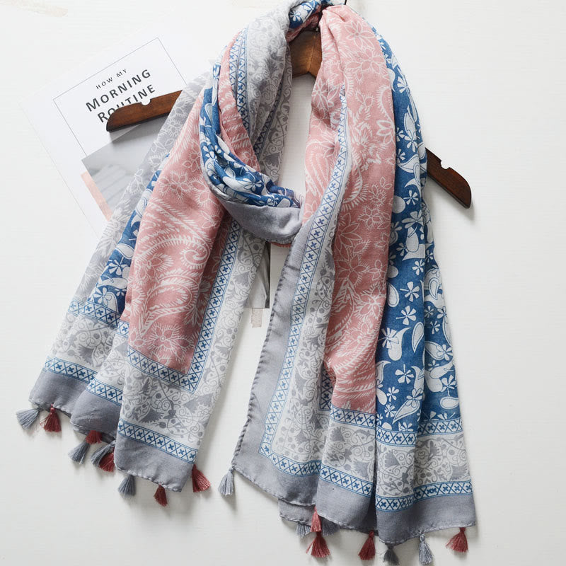 Schal im Böhmischen Stil mit Cashew-Print und Farbblockierung - Blau und Pink - image 0