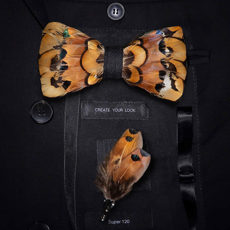 Beige & Gold-Fasanenfeder Fliege mit Reversnadel - Erwachsener - image 0