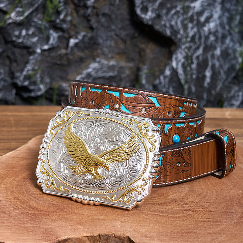 Golden Flying Eagle DIY Cowboy Schnalle Ledergürtel - Fliegender Adler - Türkisfarbener geschnitzter Gürtel - 42 - image 4