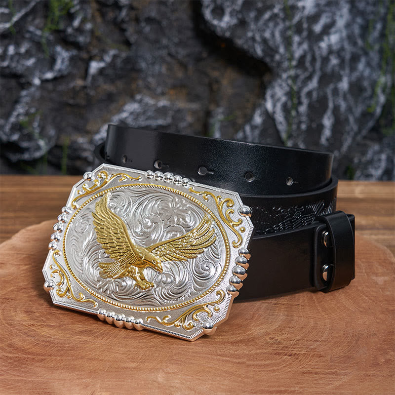 Golden Flying Eagle DIY Cowboy Schnalle Ledergürtel - Fliegender Adler - Schwarzer Gürtel mit geprägtem Adler - 42 - image 1
