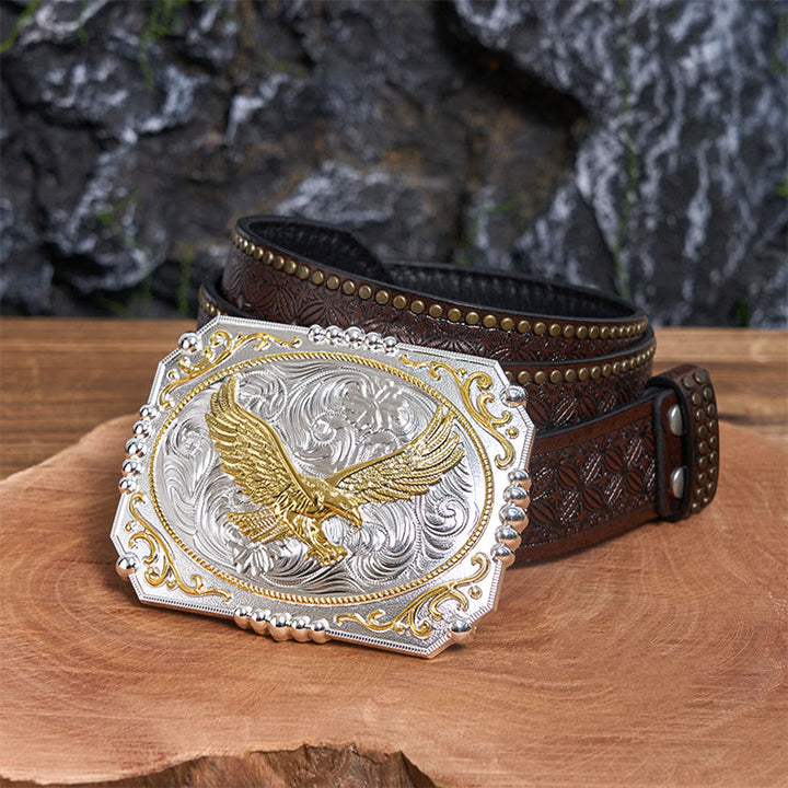 Golden Flying Eagle DIY Cowboy Schnalle Ledergürtel - Fliegender Adler - Brauner Nietengürtel - 42 - image 5
