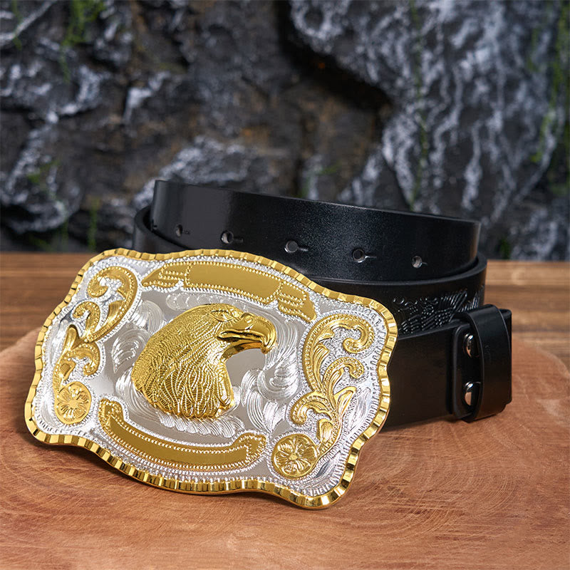 Goldener Wilder Adlerkopf DIY Cowboy Schnalle Ledergürtel - Adlerkopf - Schwarzer Gürtel mit geprägtem Adler - 42 - image 1