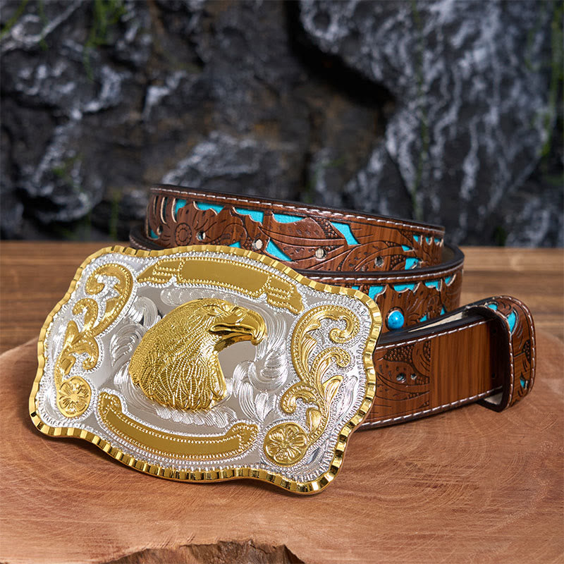 Goldener Wilder Adlerkopf DIY Cowboy Schnalle Ledergürtel - Adlerkopf - Türkisfarbener geschnitzter Gürtel - 42 - image 4