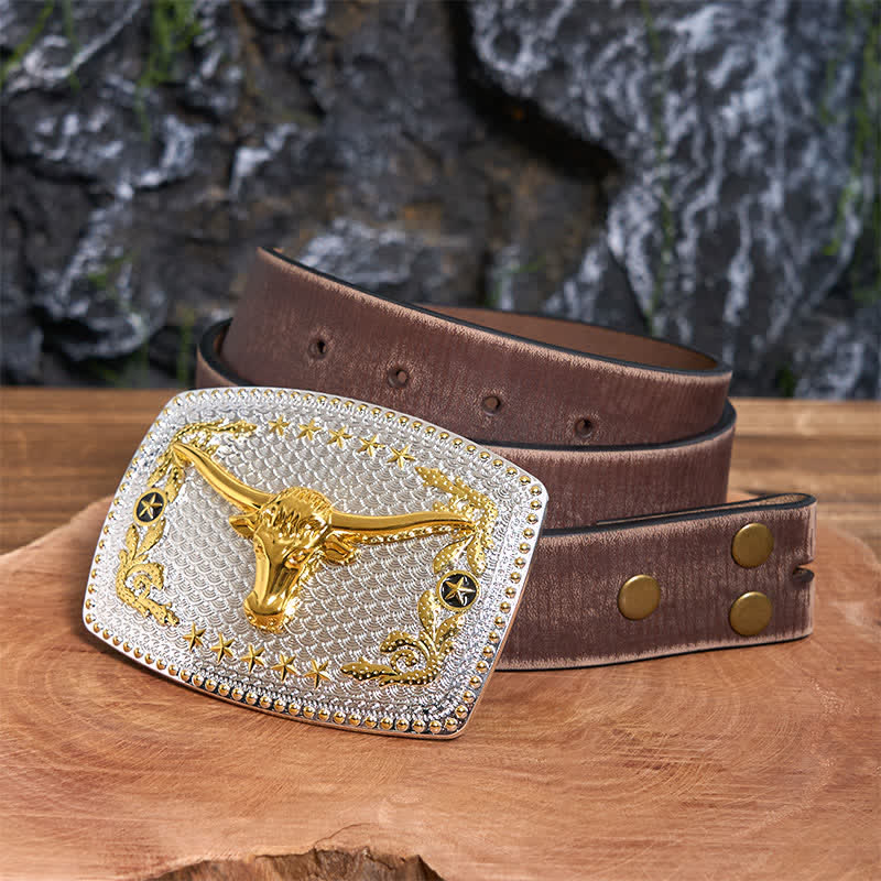 Rechteckiger DIY-Ledergürtel mit zweifarbiger Stierkopf-Schnalle und großer Schnalle - Stierkopf - Brauner Distressed-Gürtel - 42 - image 6