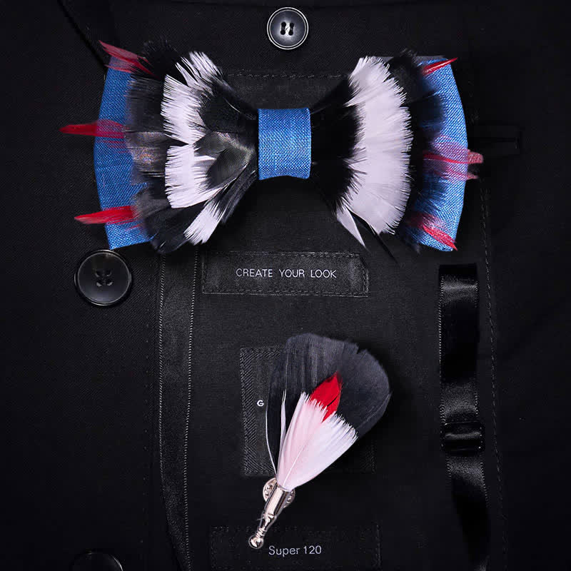 Schwarz-weiße Deluxe-Fliege mit blauen Flachsfedern - Blau - image 0