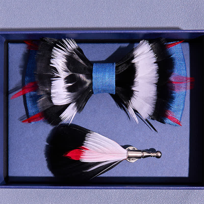 Schwarz-weiße Deluxe-Fliege mit blauen Flachsfedern - image 3