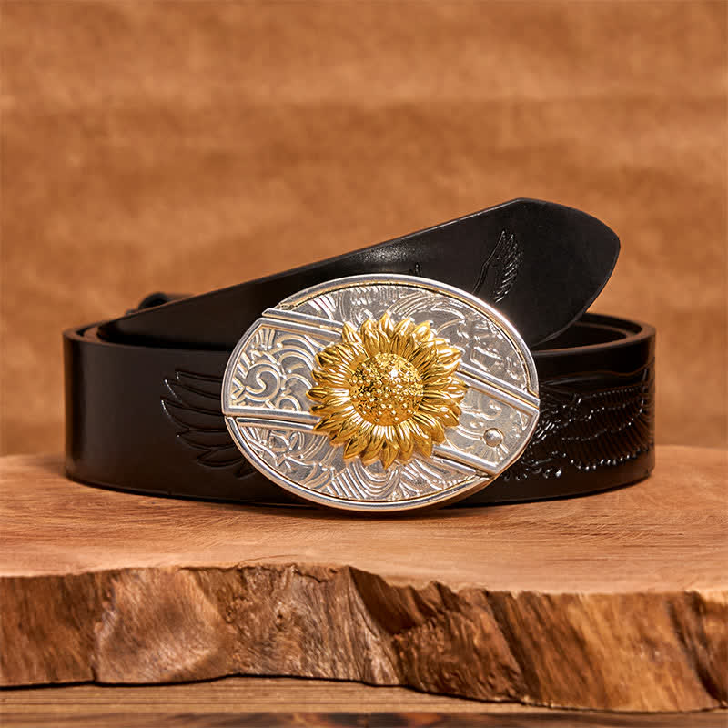 Herren DIY Gold & Silber Sonnenblume verstecktes Klappmesser Ledergürtel - Sonnenblume - Schwarzer Gürtel mit geprägtem Adler - 42 - image 4