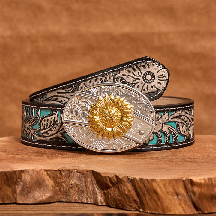 Herren DIY Gold & Silber Sonnenblume verstecktes Klappmesser Ledergürtel - image 9