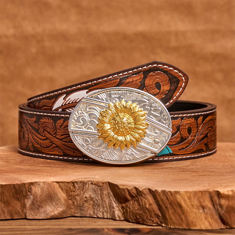 Herren DIY Gold & Silber Sonnenblume verstecktes Klappmesser Ledergürtel - Sonnenblume - Brauner Federgürtel - 40 - image 8