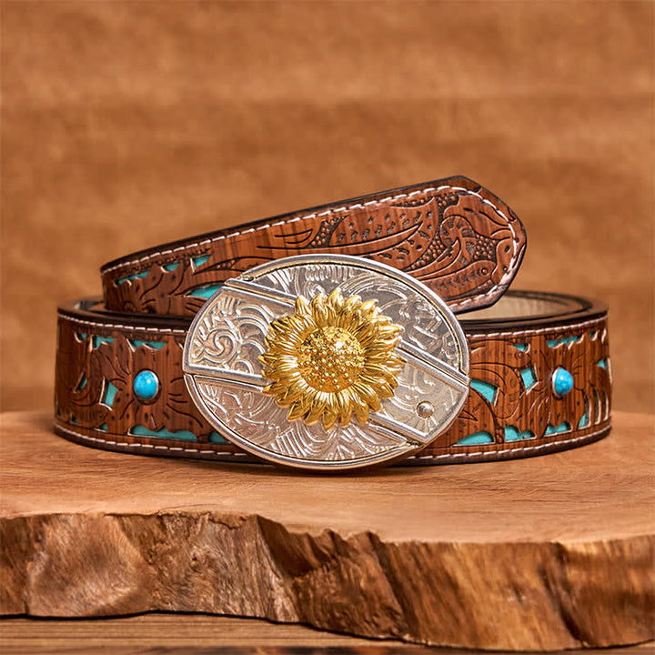 Herren DIY Gold & Silber Sonnenblume verstecktes Klappmesser Ledergürtel - Sonnenblume - Türkisfarbener geschnitzter Gürtel - 42 - image 5