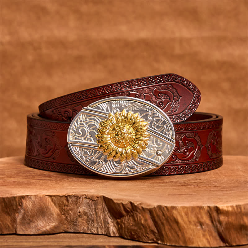 Herren DIY Gold & Silber Sonnenblume verstecktes Klappmesser Ledergürtel - Sonnenblume - Brauner geschnitzter Gürtel - 42 - image 7