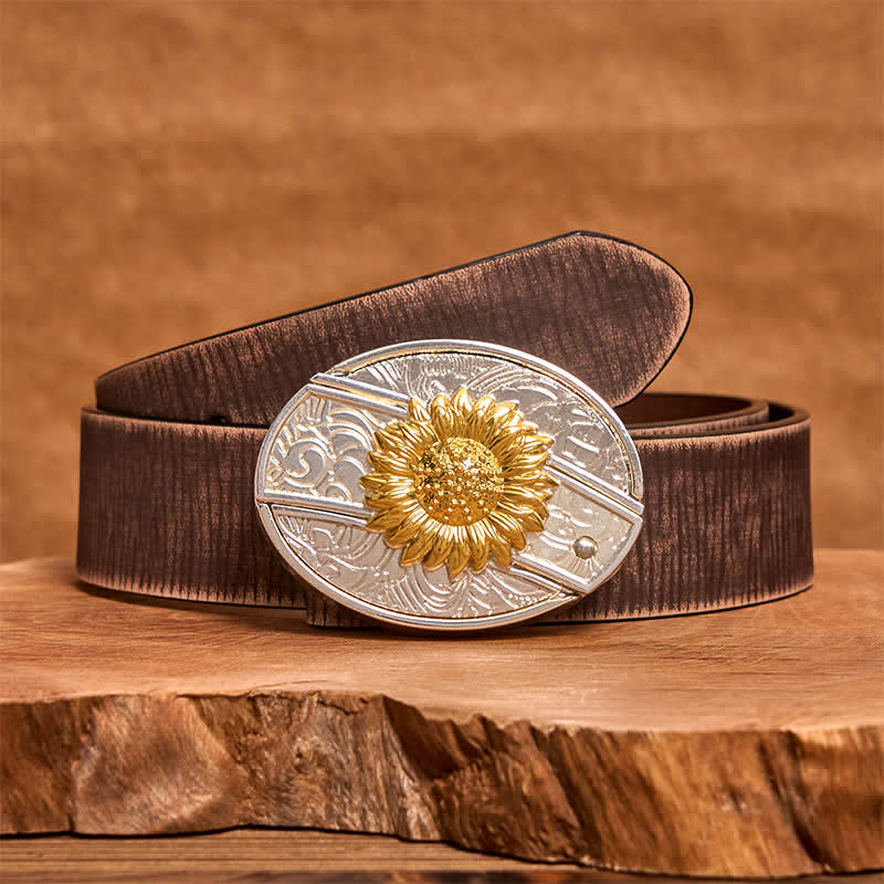 Herren DIY Gold & Silber Sonnenblume verstecktes Klappmesser Ledergürtel - Sonnenblume - Brauner Distressed-Gürtel - 42 - image 6