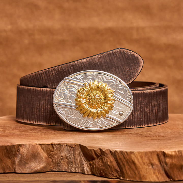 Herren DIY Gold & Silber Sonnenblume verstecktes Klappmesser Ledergürtel - Sonnenblume - Brauner Distressed-Gürtel - 42 - image 6