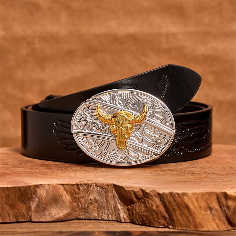 Herren DIY Gold & Silber Bull Verstecktes Klappmesser Ledergürtel - Stier - Schwarzer Gürtel mit geprägtem Adler - 42 - image 4
